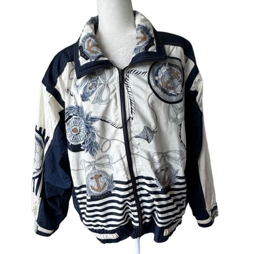 East West Windbreaker Vintage Blue White Nylon Nautical SZ M